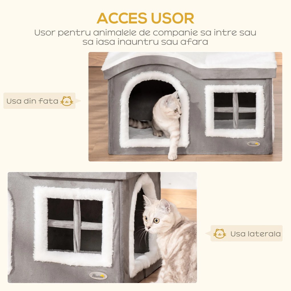 Casuta pentru Pisici de Interior PawHut, 63.5x37x40cm, Gri | Aosom RO