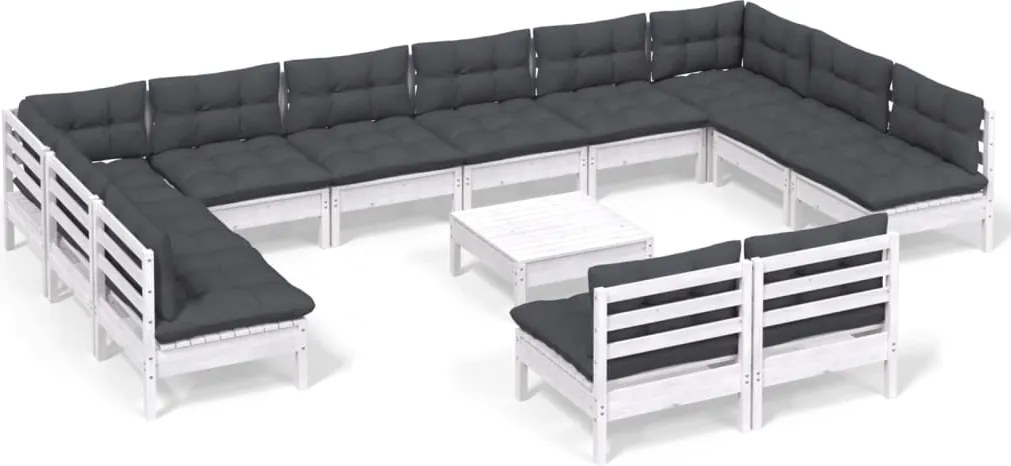 vidaXL Set mobilier de grădină cu perne, 13 piese, alb, lemn masiv pin