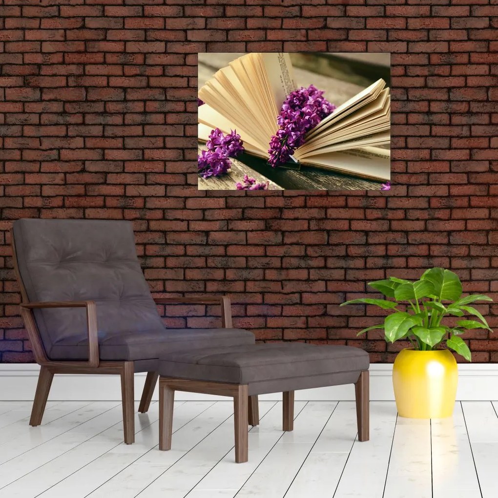 Tablou pe sticlă cu carte și floare violetă (70x50 cm)