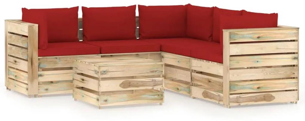 Set mobilier de gradina cu perne, 6 piese, lemn verde tratat rosu si maro, 6