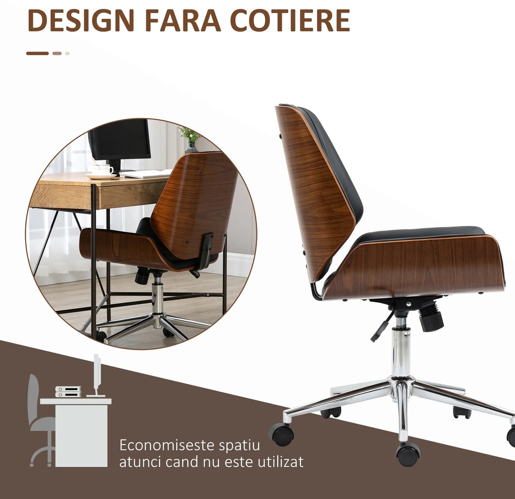 Vinsetto Scaun de birou Vintage, căptușit, din piele ecologică, lemn și oțel, 53x60x86-96 cm, negru și maro închis | Aosom Romania