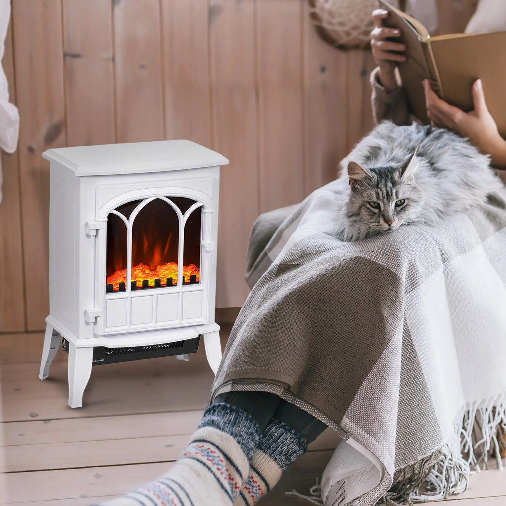 HOMCOM Șemineu Electric de Podea 1000W/2000W Efect de Flacără Luminositate Reglabilă Alb | Aosom Romania