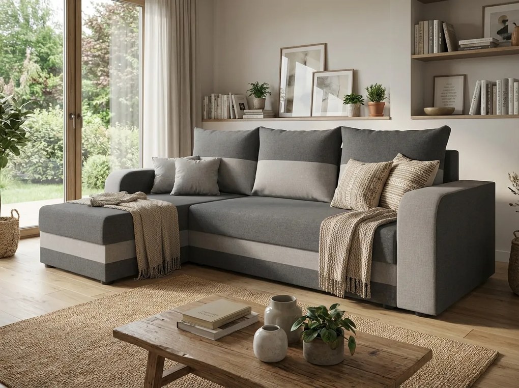 Coltar extensibil de colt VALERIO, gri inchis/gri deschis, reversibil, 238x140 cm + 2 perne GRATUIT
