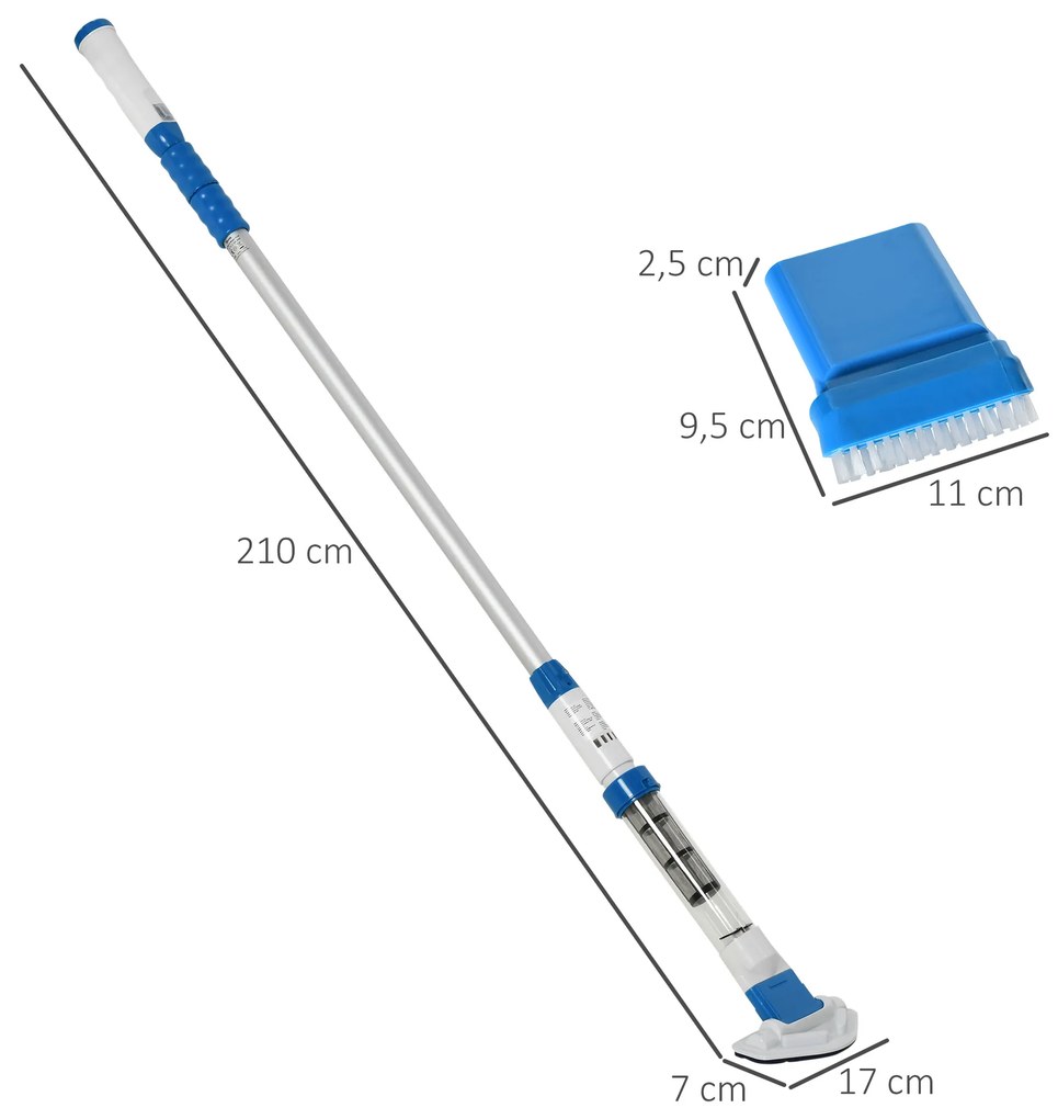 Outsunny Aspirator pentru Piscina Portabil Fara fir cu Stalp Telescopic si Cartus Filtru, 210x17x7cm, Alb si Albastru inchis