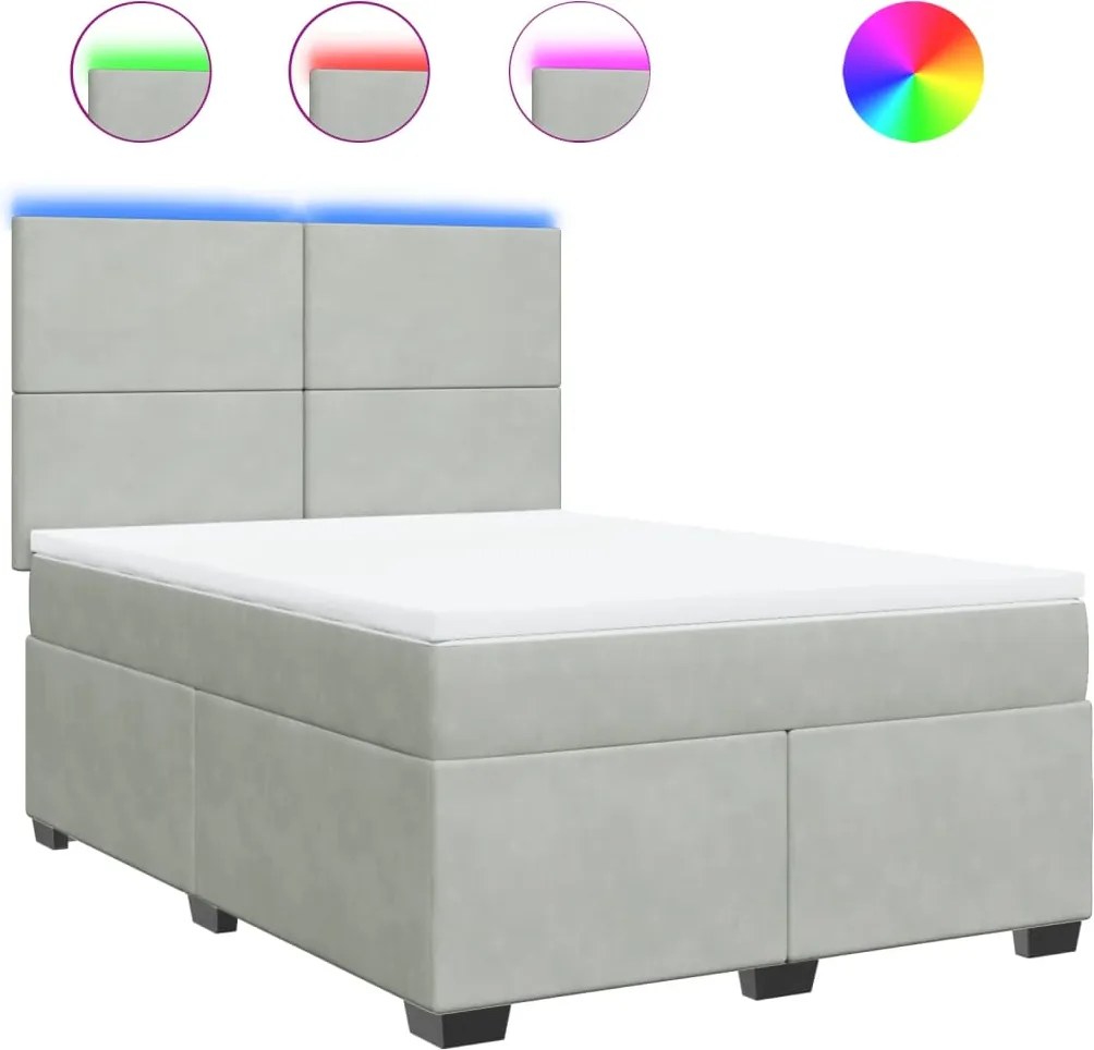 vidaXL Pat box spring cu saltea, gri deschis, 140x200 cm, catifea