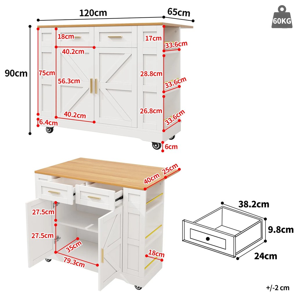 Insulă de bucătărie modernă cu blat reglabil,Alb | Aosom Romania