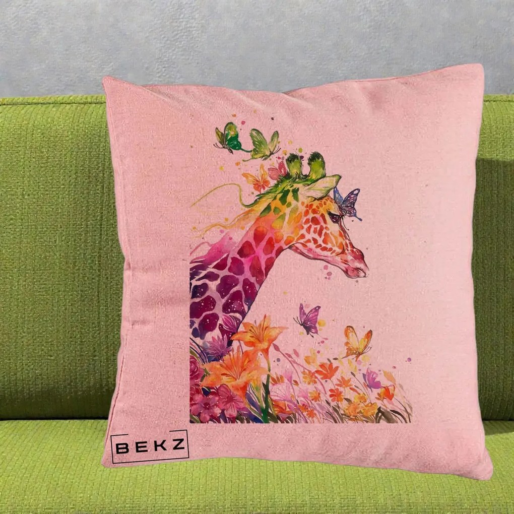 Perna Decorativa Girafa Curcubeu Acuarela, 40x40 cm, Roz, Husa Detasabila, Perna Inclusa, BEKZ®