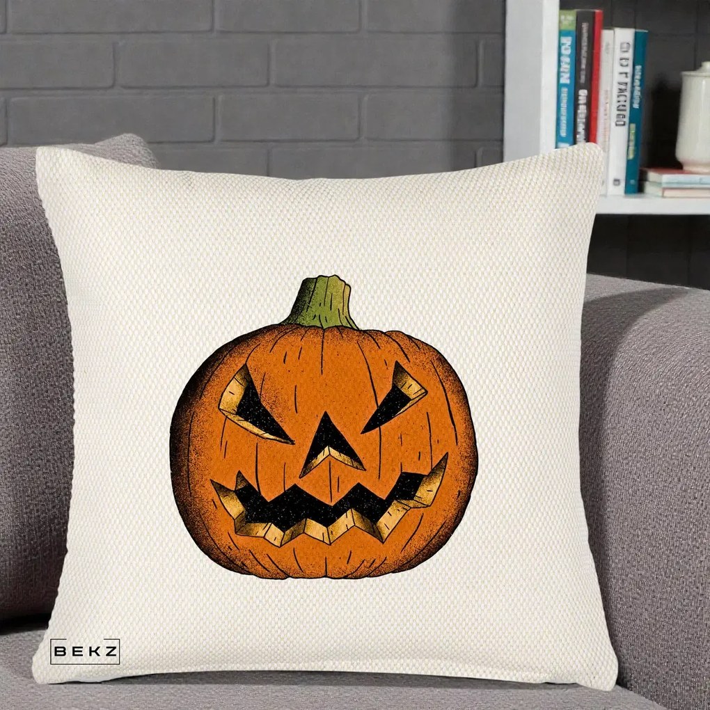 Perna Decorativa Halloween Dovleac Portocaliu Clasic, 40x40 cm, Crem Reliefat, Husa Detasabila, Perna Inclusa, BEKZ®