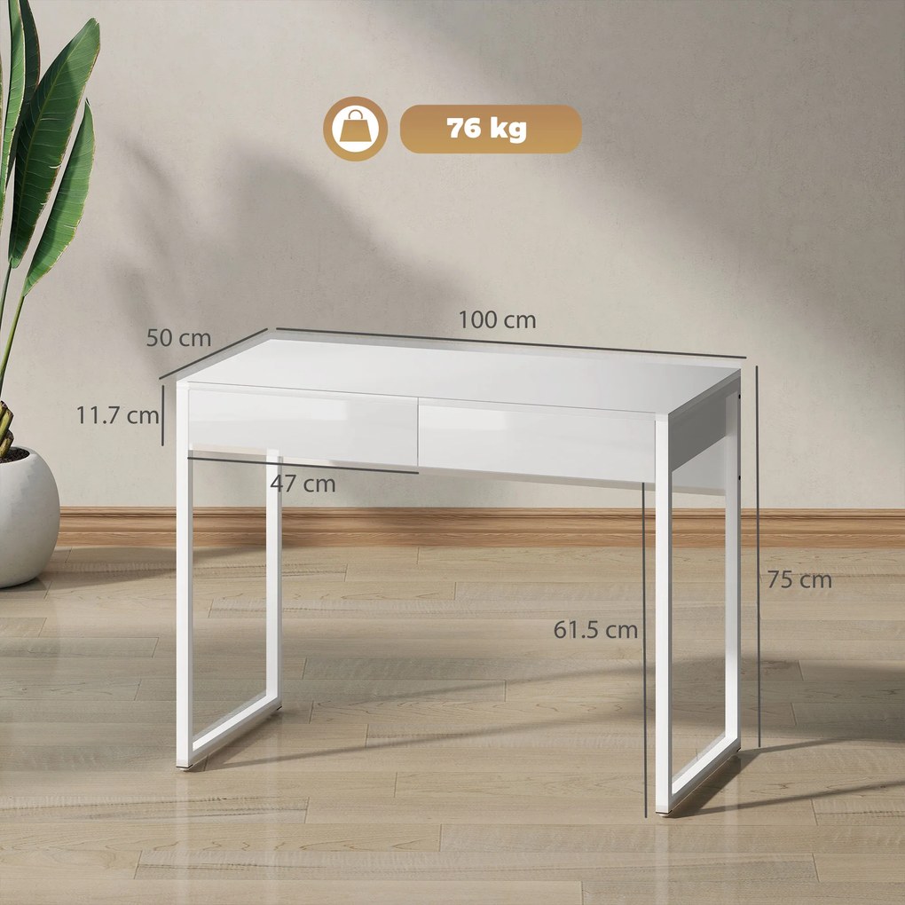 HOMCOM Birou Modern cu 2 Sertare și Picioare din Oțel, 100x50x75 cm, Alb Lucios | Aosom Romania