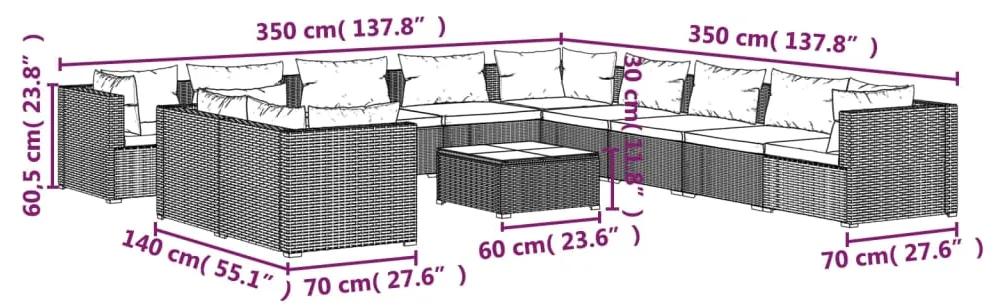 Set mobilier de gradina cu perne,12 piese,gri, poliratan gri si antracit, 5x colt + 6x mijloc + masa, 1