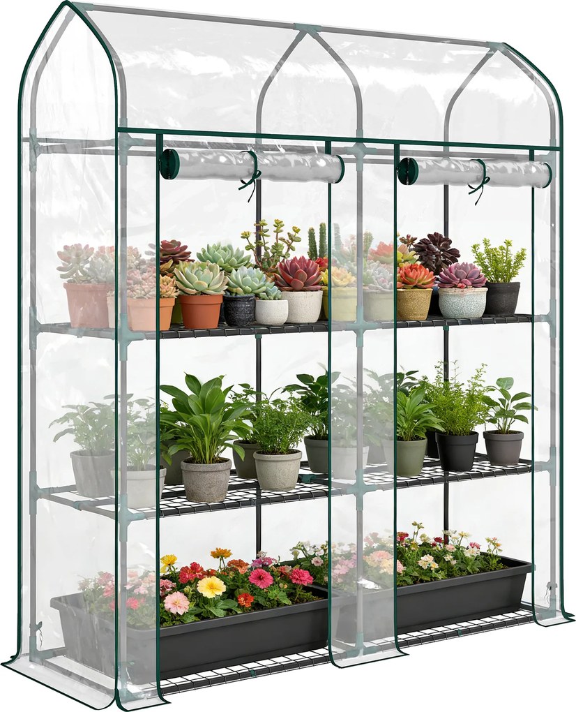 Outsunny Seră mică cu 3 niveluri, 2 uși rulou, cadru din oțel, husă din plastic, 143x46x165 cm, transparent | Aosom Romania