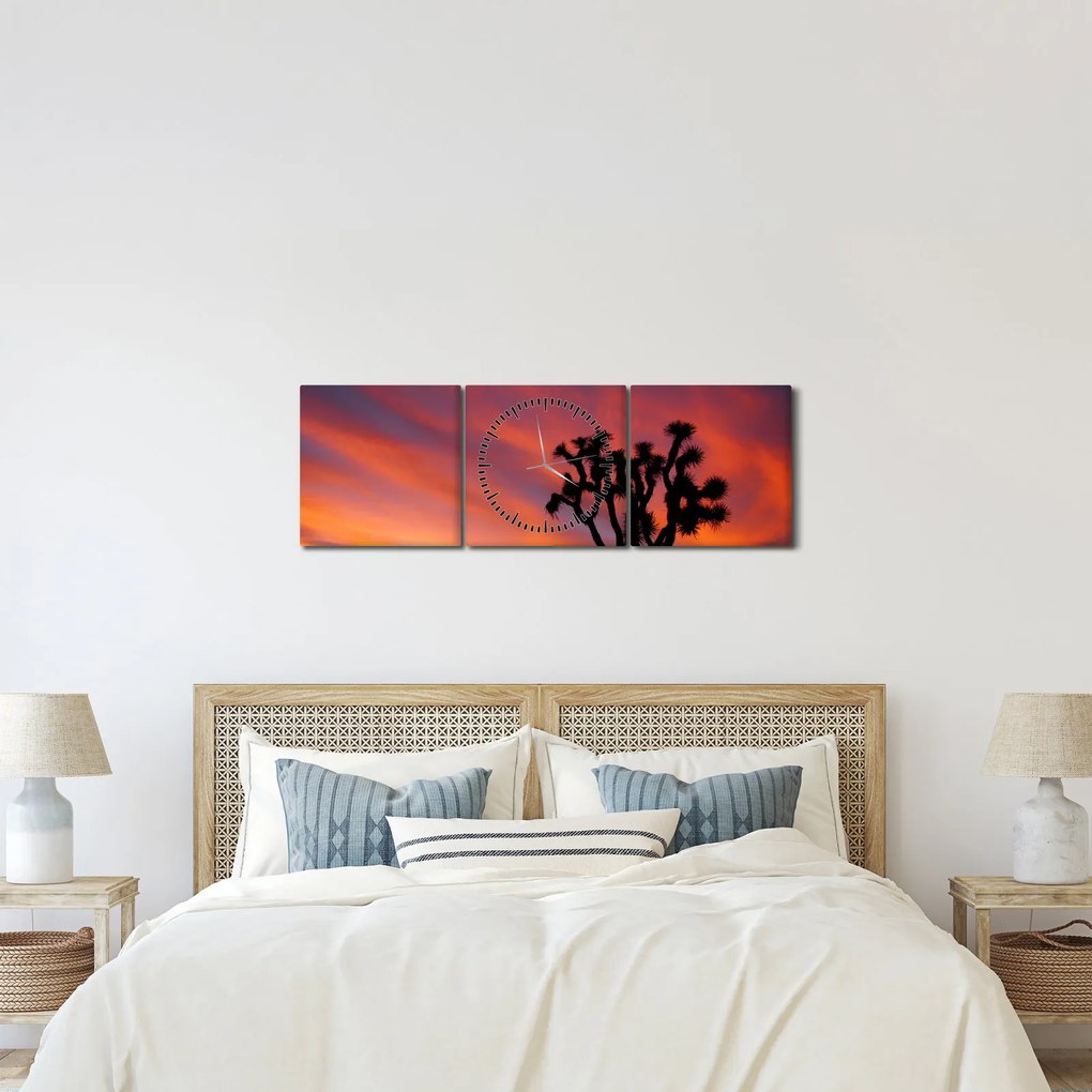 Tablou apus de soare deasupra siluetei unui copac (cu ceas) (90x30 cm)