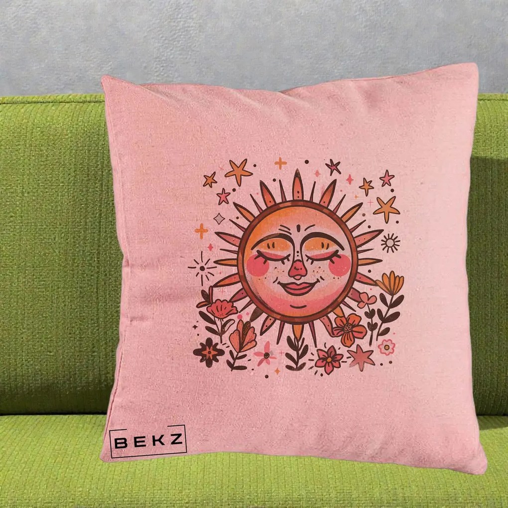 Perna Decorativa Soare Retro Boho Floral, 40x40 cm, Roz, Husa Detasabila, Perna Inclusa, BEKZ®