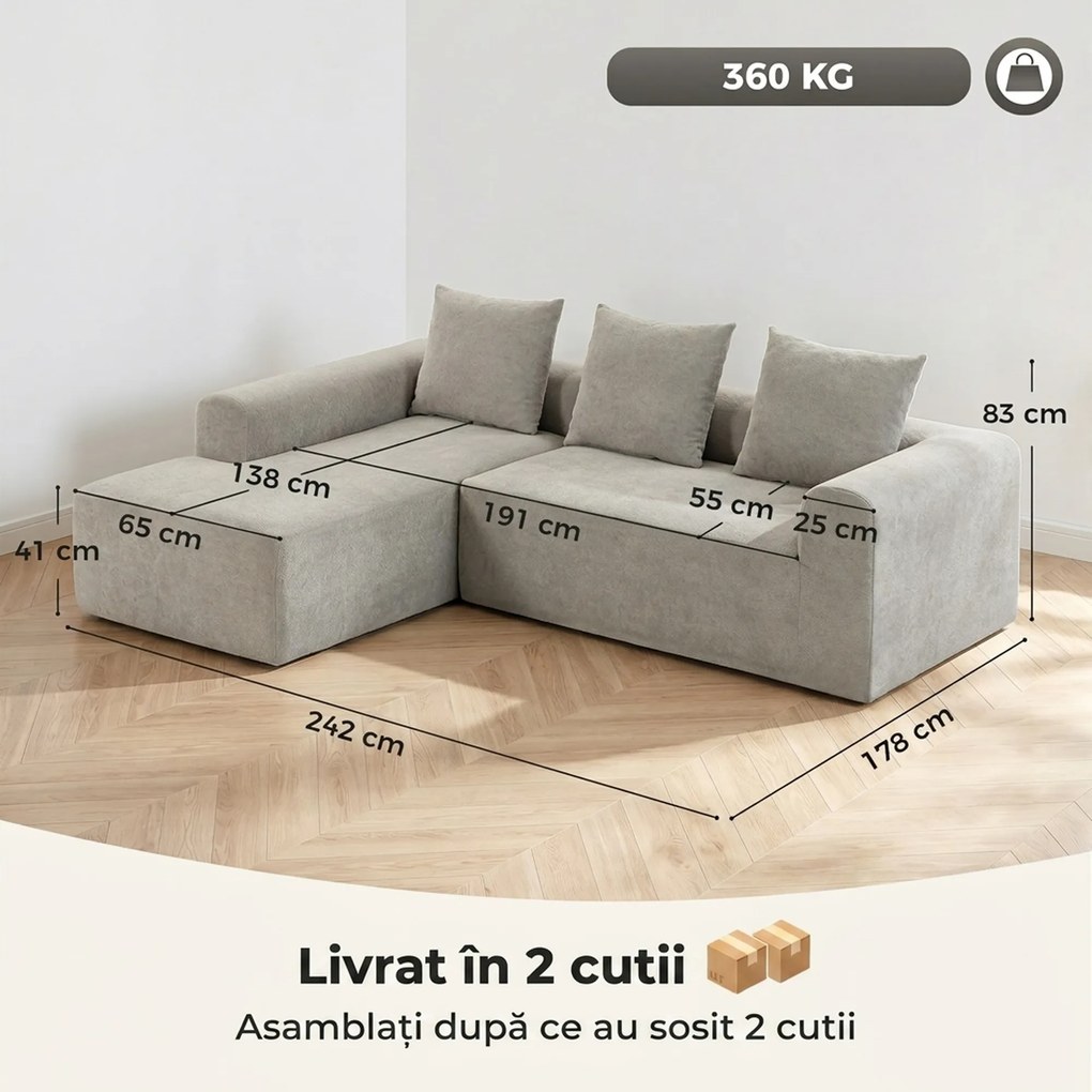 HOMCOM Canapea de Colț cu 3 Locuri, Fără Cadru, pentru Living, Gri Deschis | Aosom Romania