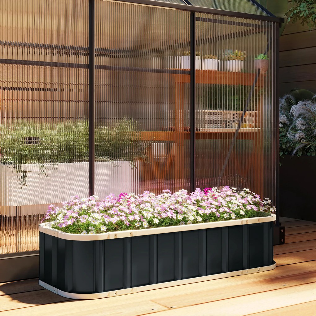Outsunny Pat Ridicat de Grădină pentru Exterior cu Bază Deschisă, Mănuși, Margini Pliate, Ghiveci în Oțel Galvanizat pentru Plante, Flori, Legume Balcon Grădină, 136x52x31 cm, Gri Închis | Aosom Romania