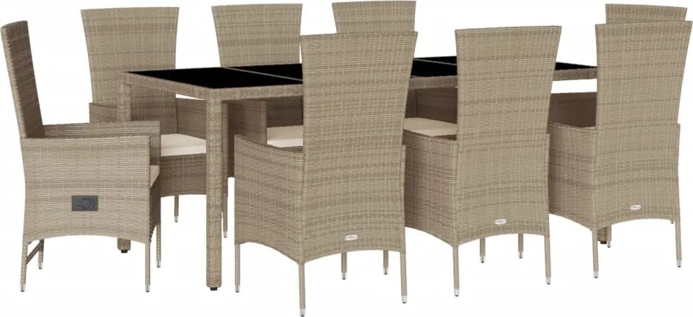 vidaXL Set de masă pentru grădină, 9 piese, cu perne, bej, poliratan
