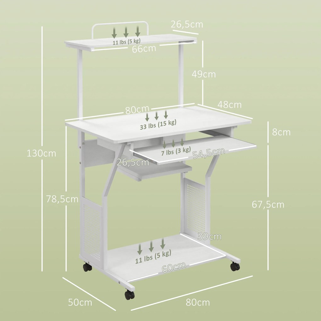 HOMCOM Birou de calculator pe role cu rafturi de depozitare, stație de lucru și suport pentru tastatură, 80x50x130cm, alb | Aosom Romania