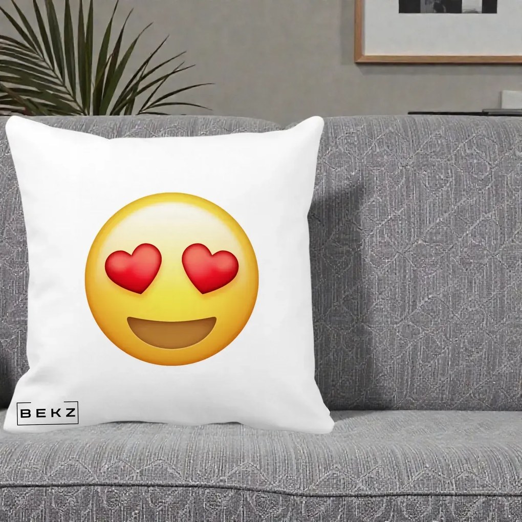 Perna Decorativa Emoji Inimi in Ochi, 40x40 cm, Alba Mata, Husa Detasabila, Perna Inclusa, BEKZ®