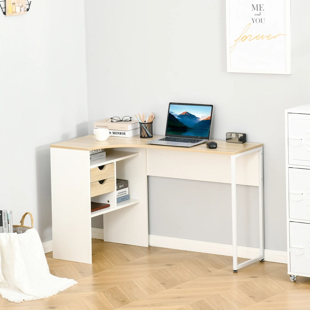 HOMCOM Birou de colț Birou Informat​ic cu sertare Multi-Compartimentare din Lemn în Aspect de stejar Deschis Alb | Aosom Romania