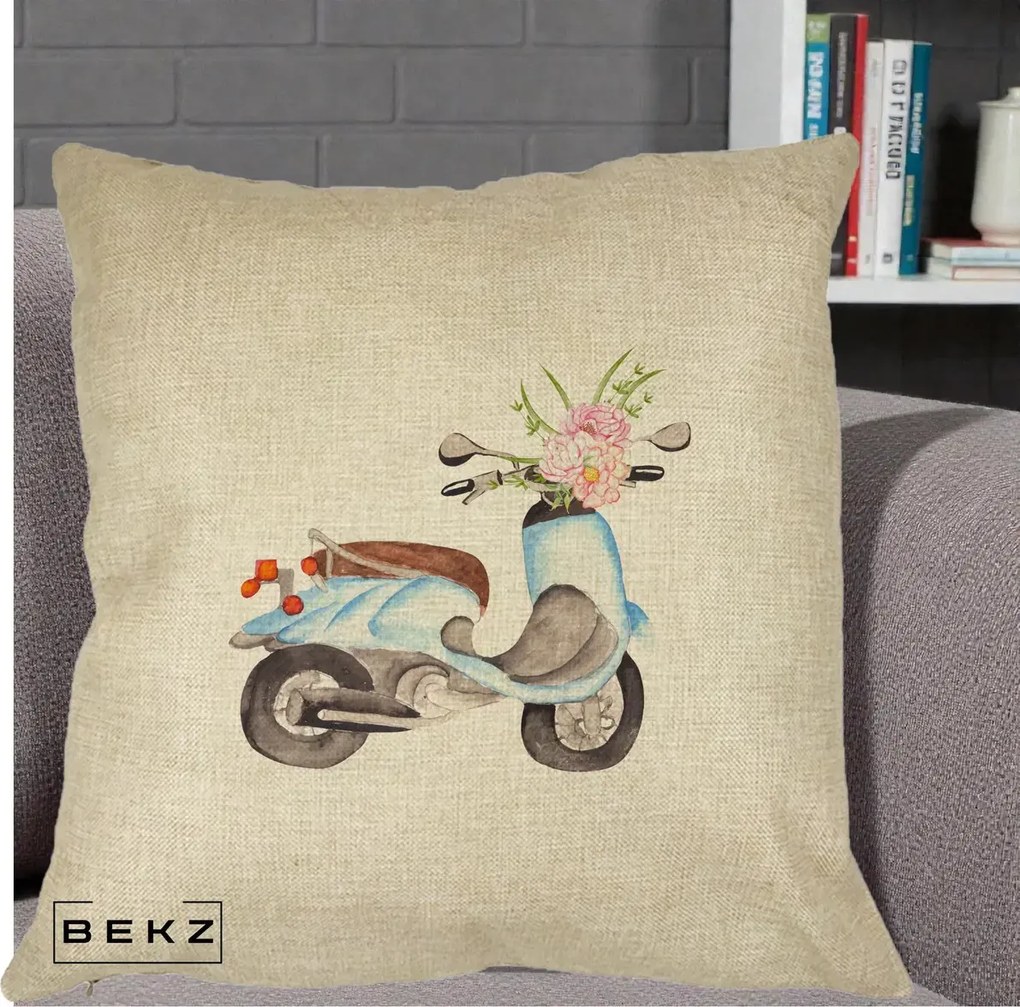 Perna Decorativa Scuter Albastru cu Flori Acuarela, 40x40 cm, Crem, Husa Detasabila, Perna Inclusa, BEKZ®