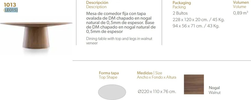 Masa ovala Walnut Veneered, 220x110cm AC-LE015