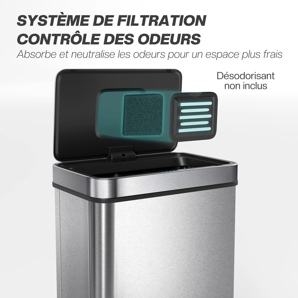 HOMCOM Coș de gunoi cu senzor 50 L cu capac cu închidere silențioasă, coș de gunoi automat din oțel inoxidabil, argintiu | Aosom Romania