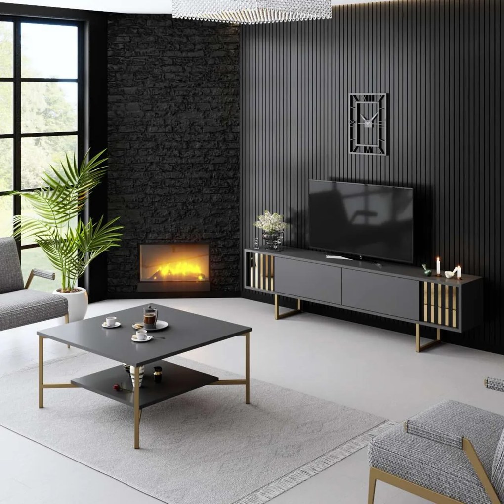 Comoda TV, Hanah Home, Gold Line, 180x30x48 cm, Antracit / Aur