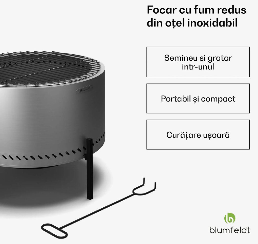 Focar Ignite Pure, fum redus, grătar pentru grătar, oțel inoxidabil, portabil, capac pentru ploaie, mânere de transport