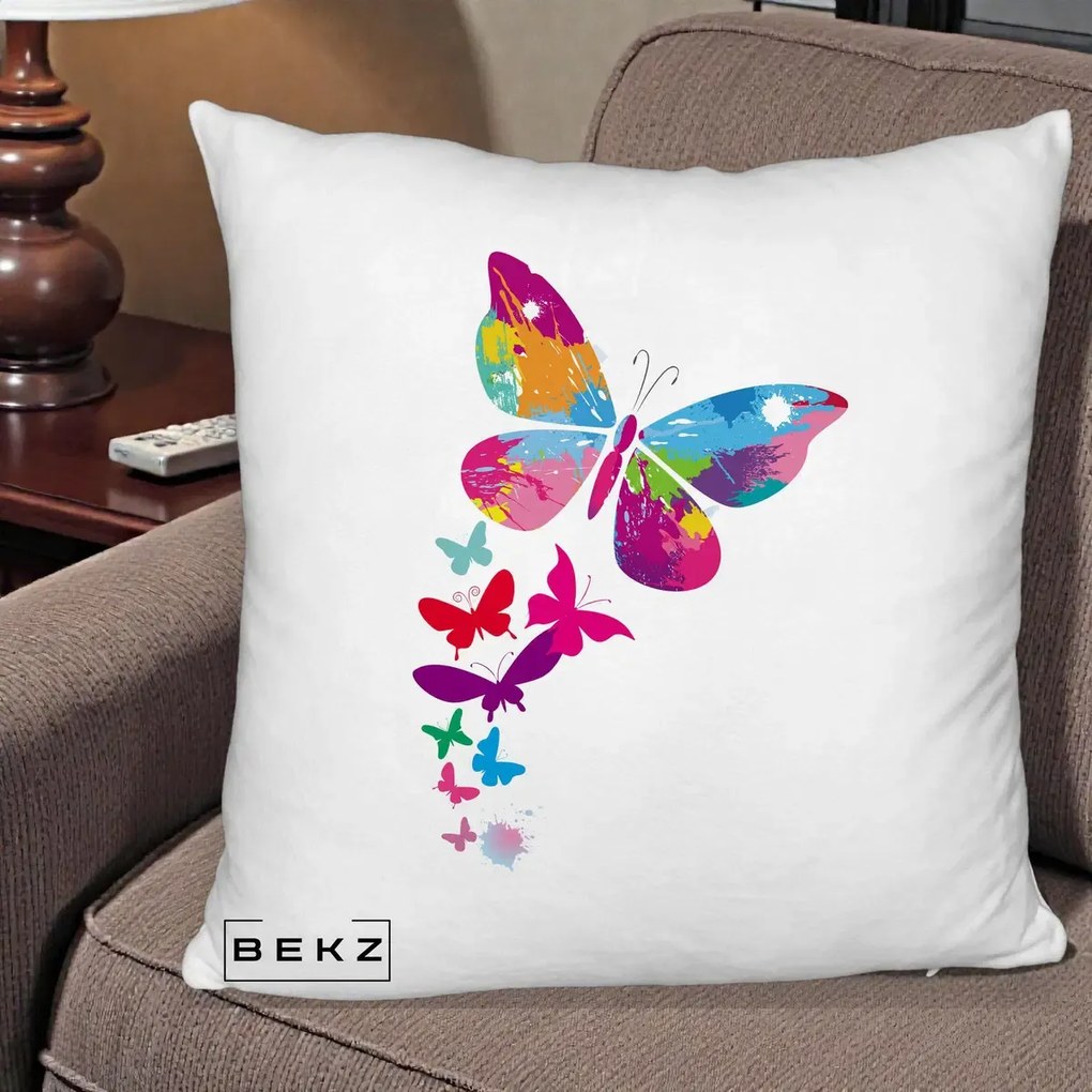 Perna Decorativa Fluturi Splash, 40x40 cm, Alb Pufos, Husa Detasabila, Perna Inclusa, BEKZ®