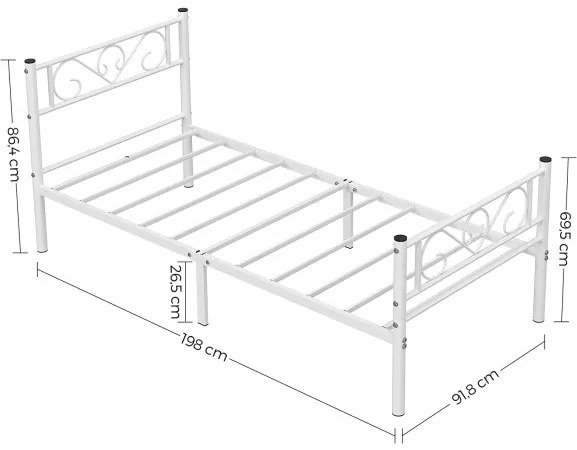 Cadru De Pat Din Metal, De O Persoana, Alb, Dimensiune Saltea 90 X 190 Cm