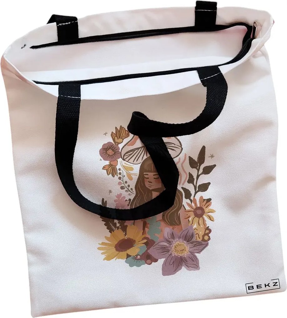 Sacosa de Panza pentru Cumparaturi, Geanta Tote, Colorful Mushrooms 3, Cu fermoar, 38x34.5 cm, Alba, BEKZ®