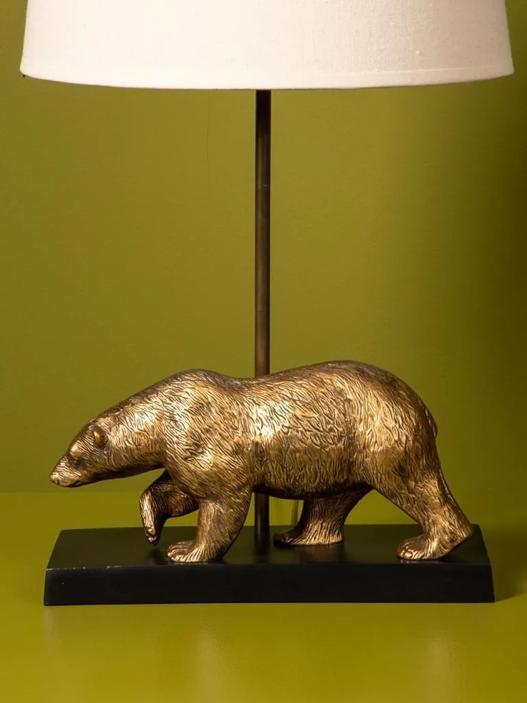 Lampă de masă din bumbac bej, cu structură din alamă și metal negru în formă de urs, finisaj vintage, 50×30 cm, „Fauve"