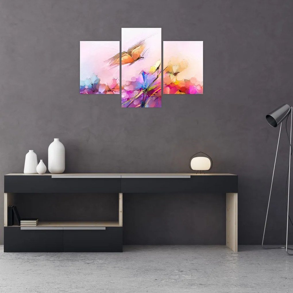 Tablou - Fluture asupra florilor, abstracție (90x60 cm)