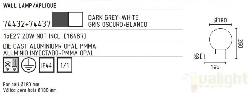 Aplica de perete exterior 74432+glob diam.18cm 74437 MOON