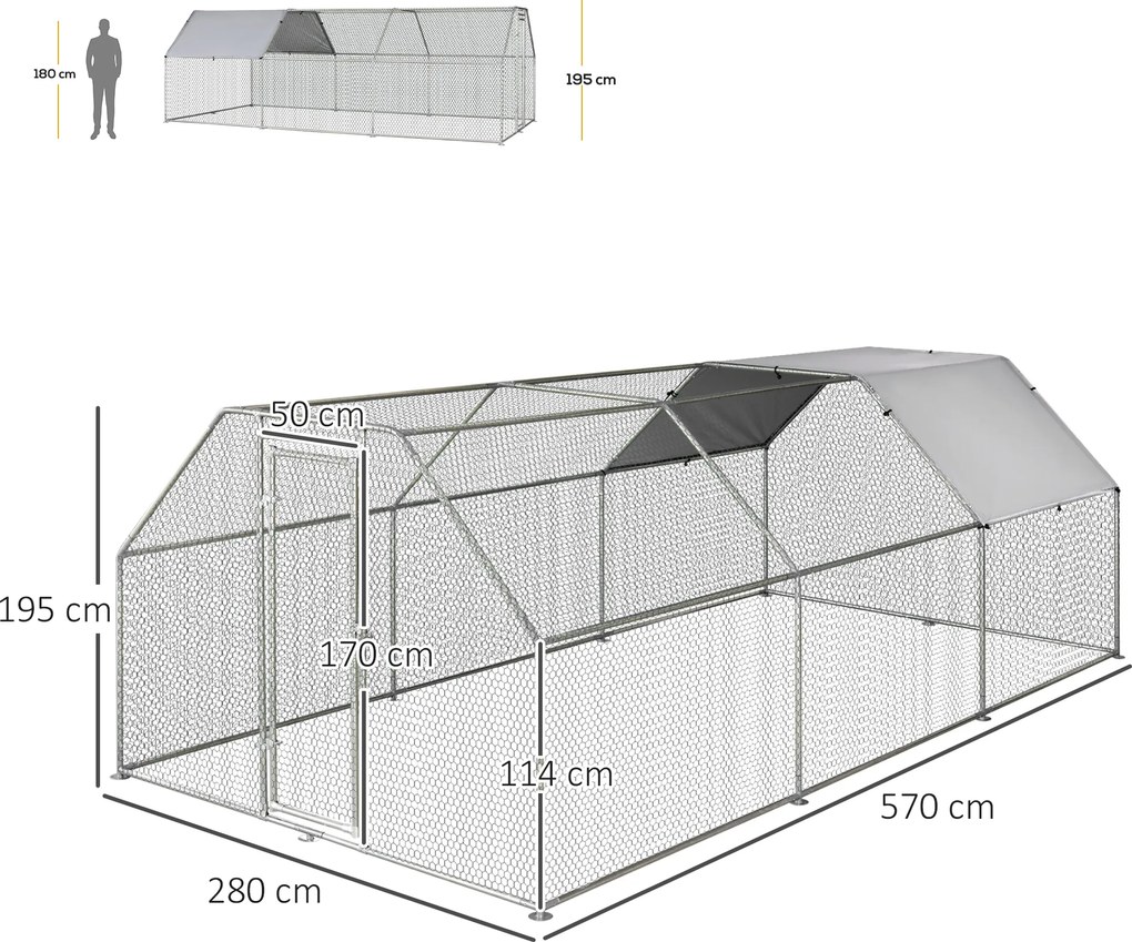 PawHut Țarc Găini Metal Ușă Acoperiș Parțial Spațiu Generos 280x570x195cm Argintiu | Aosom Romania