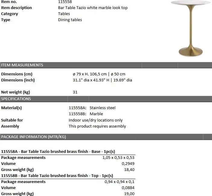 Masa bar design elegant LUX Tazio, alama 79cm 115558 HZ