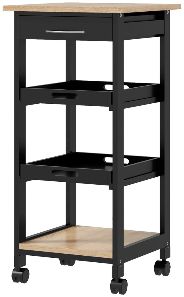 HOMCOM Cărucior de servire pentru bucătărie pe roți, 2 tăvi detașabile, sertar, raft, stejar deschis, lemn de pin, negru | Aosom Romania