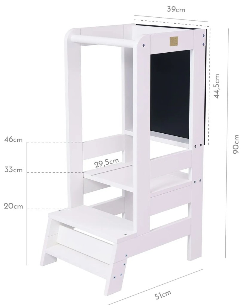 Inaltator Learning Tower Ajustabil cu tabla de scris, Ajutor de bucatarie MeowBaby  , lemn Alb