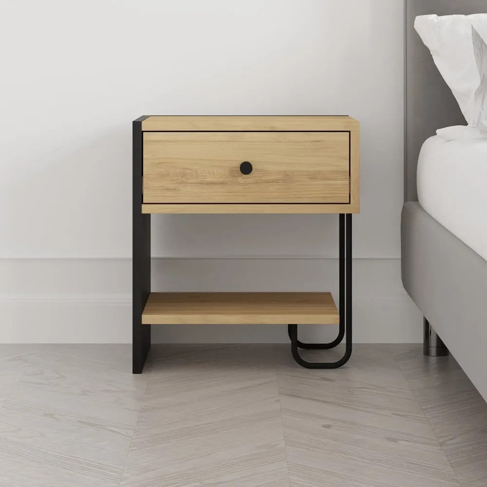Noptieră neagră/în culoare naturală cu rafturi cu aspect de lemn de stejar Saturne – Marckeric