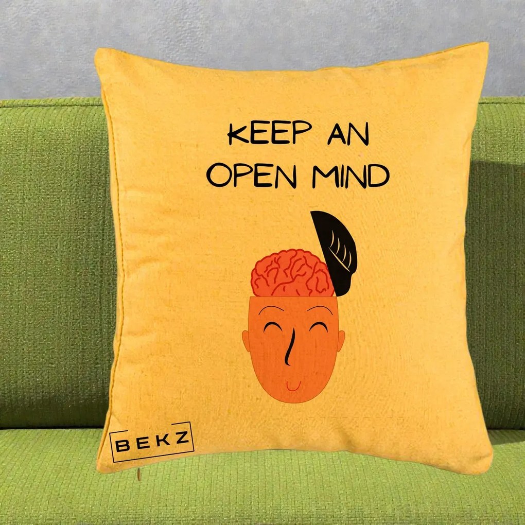 Perna Decorativa Keep An Open Mind, 40x40 cm, Galben, Husa Detasabila, Perna Inclusa, BEKZ®