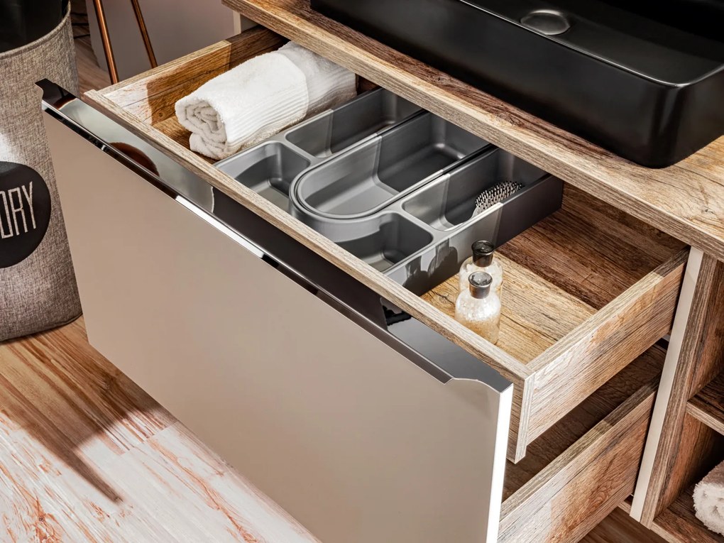 Set MOBILIER BAIE SUSPENDAT Santander TAUPE 80 CM, GRI LUT LUCIOS, CU EXTENSIE MASCA LAVOAR SI EXTENSIE DULAPIOR OGLINDA
