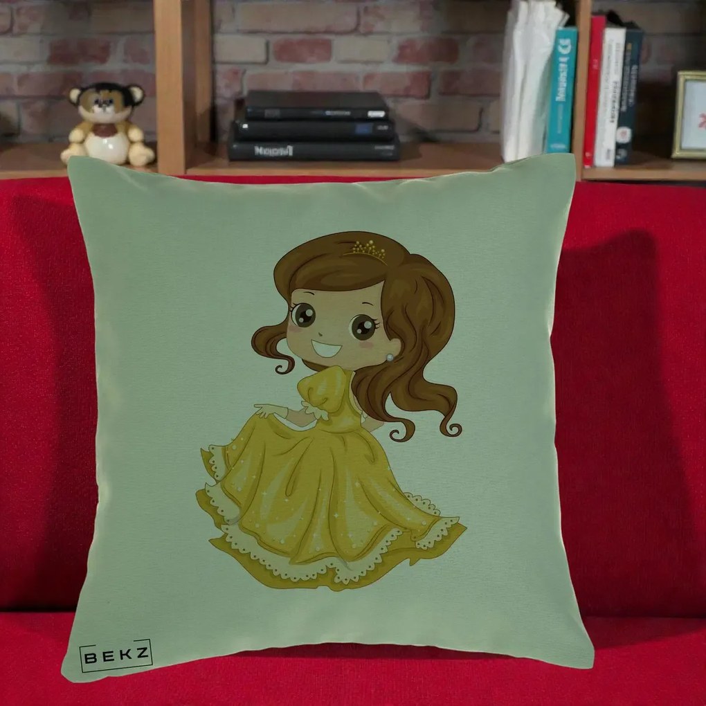 Perna Decorativa Printesa Bella Rochie Aurie, 40x40 cm, Verde, Husa Detasabila, Perna Inclusa, BEKZ®