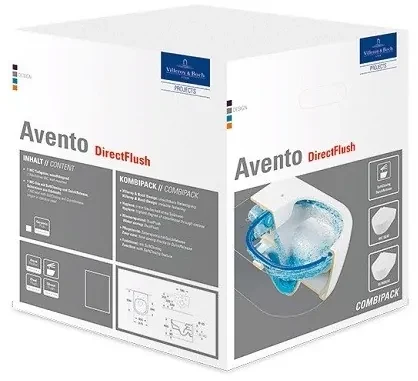 Set vas WC rimless suspendat, Villeroy&amp;Boch Avento, cu capac slim inchidere lenta si rezervor Geberit Duofix Sigma UP320