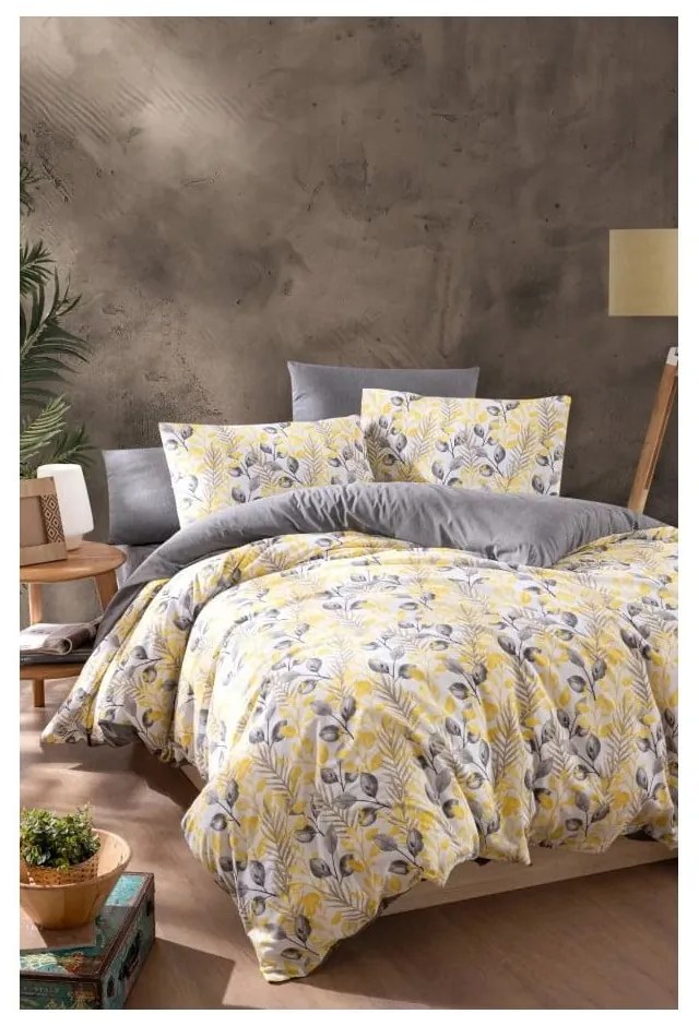 Lenjerie de pat galbenă/gri pentru pat dublu/canapea extinsă cu cearceaf inclus/cu 4 piese 200x220 cm Leaves – Mila Home