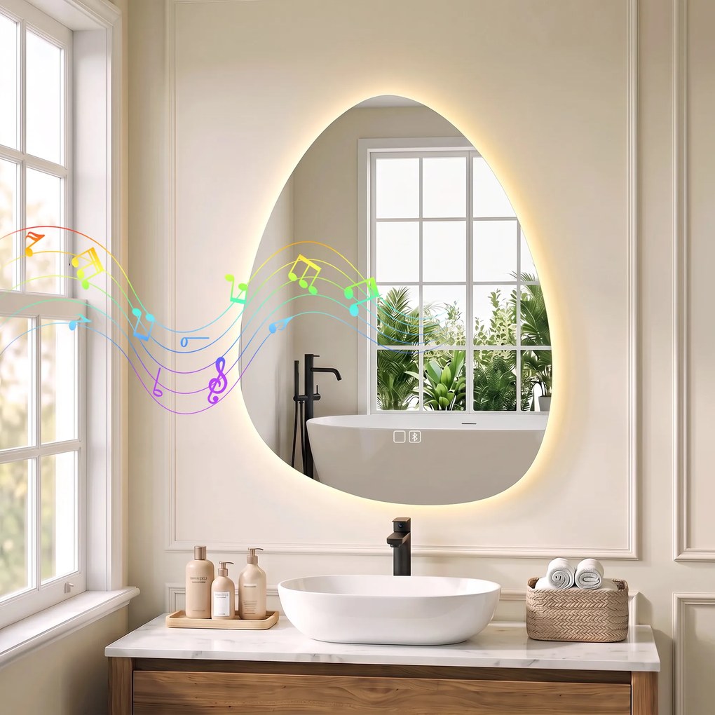 HOMCOM Oglindă de baie cu LED, 3 culori, 50x70 cm, neregulată, Bluetooth, anti-aburire, touch | Aosom Romania