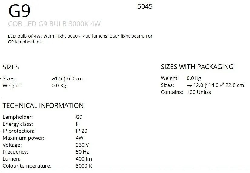 Bec G9 LED 400Lm 3000K 4W