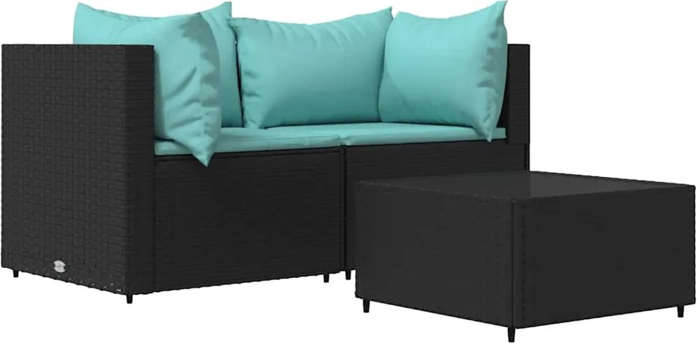 vidaXL Set mobilier de grădină cu perne, 3 piese, negru, poliratan