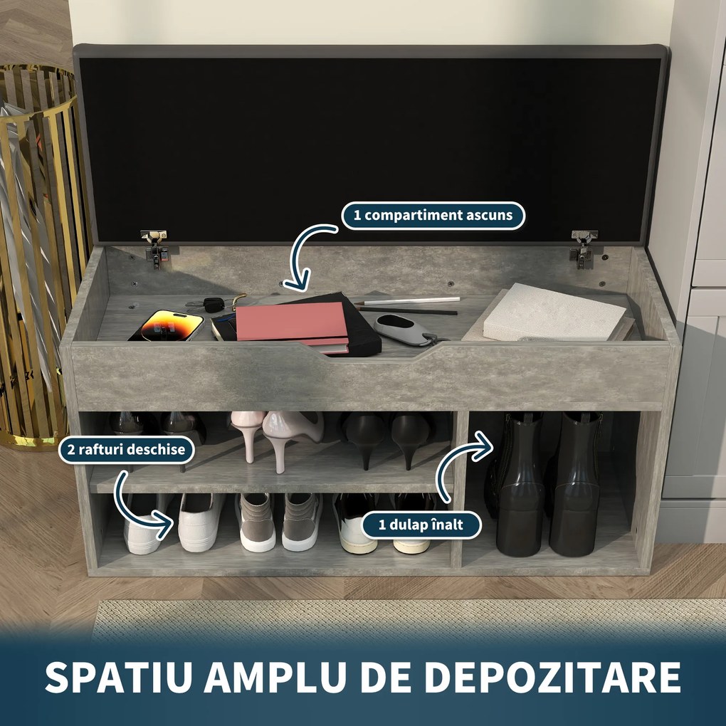 HOMCOM Bancă Hol cu 3 Rafturi Deschise, Spațiu Ascuns și Pernă Capitonată, Banca Pantofi, 80x30x45 cm, Gri | Aosom Romania