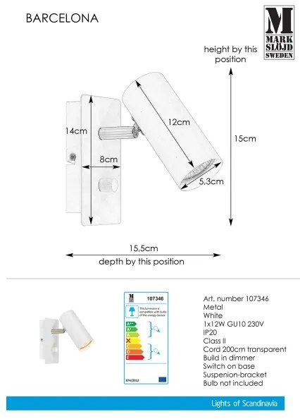 Spot dimabil de perete BARCELONA 1xGU10/12W/230V Markslöjd 107346