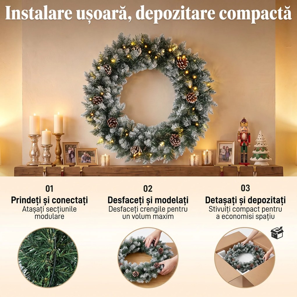 HOMCOM Coroniță de Crăciun 60 cm cu lumini LED, 8 moduri, 140 ramuri, conuri de pin, verde | Aosom Romania